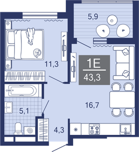 1-комнатная, 37.7 м²