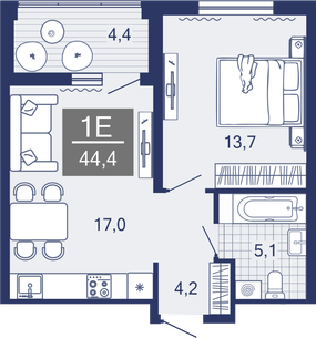 1-комнатная, 39.9 м²