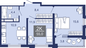 2-комнатная, 51.4 м²