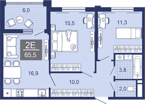 2-комнатная, 60.0 м²