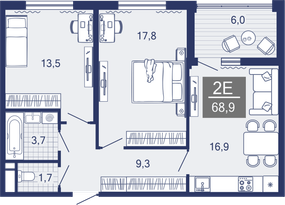 2-комнатная, 63.3 м²