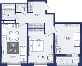 2-комнатная, 65.8 м²