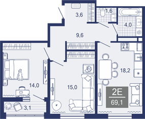 2-комнатная, 66.4 м²