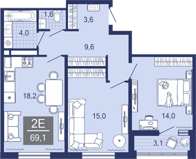 2-комнатная, 65.8 м²