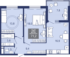 2-комнатная, 63.5 м²