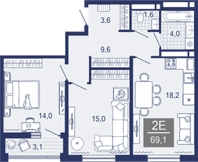 2-комнатная, 66.4 м²