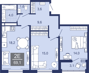2-комнатная, 66.6 м²