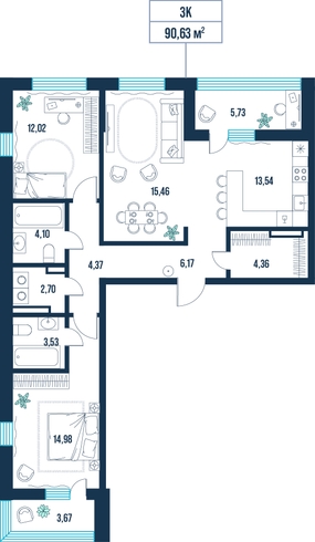 3-комнатная, 90.6 м²