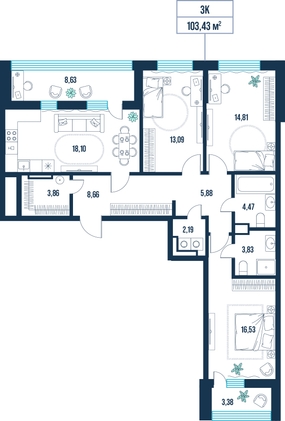 3-комнатная, 103.4 м²