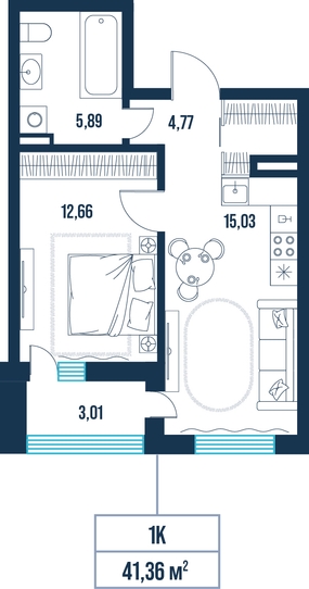 1-комнатная, 41.4 м²