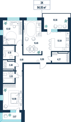 3-комнатная, 95.0 м²