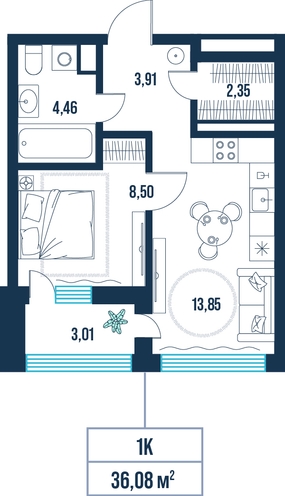 1-комнатная, 36.1 м²