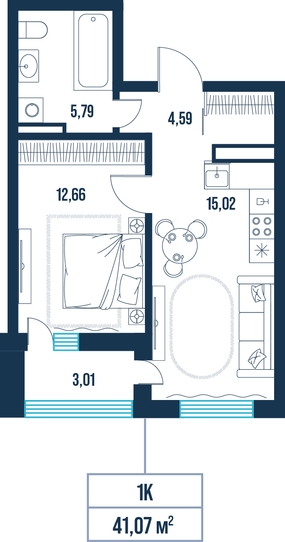 1-комнатная, 41.1 м²