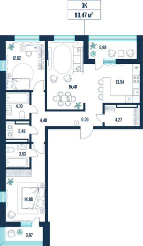 3-комнатная, 90.5 м²