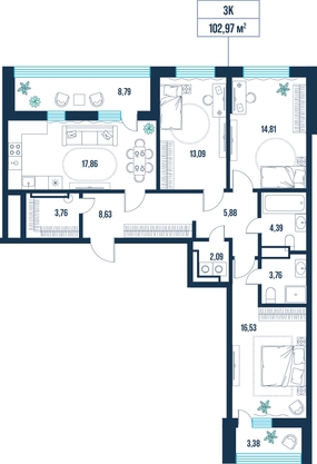 3-комнатная, 103.0 м²