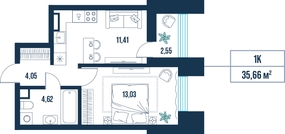 1-комнатная, 35.7 м²