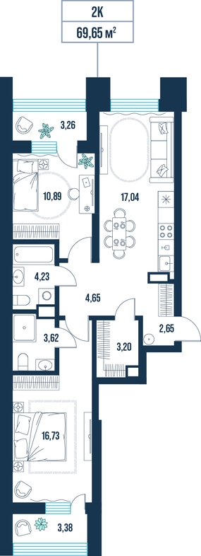 2-комнатная, 69.7 м²