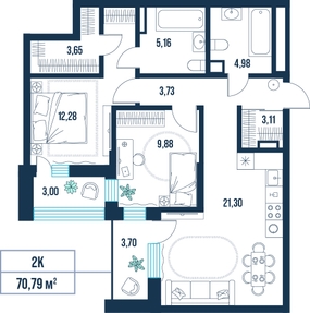 2-комнатная, 70.8 м²