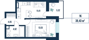 1-комнатная, 38.4 м²