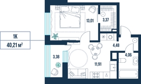 1-комнатная, 40.2 м²