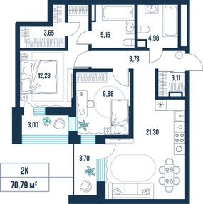 2-комнатная, 70.8 м²