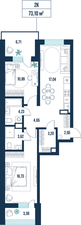 2-комнатная, 73.1 м²
