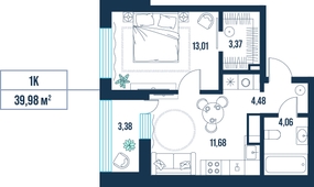 1-комнатная, 40.0 м²