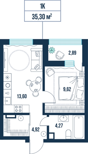1-комнатная, 35.3 м²