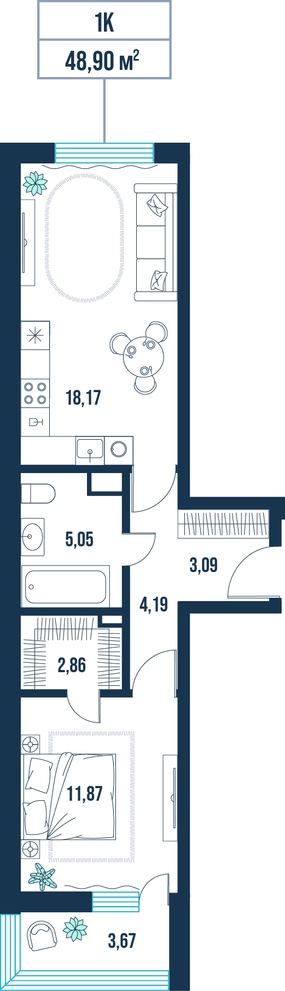 1-комнатная, 48.9 м²