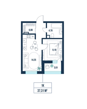1-комнатная, 37.3 м²