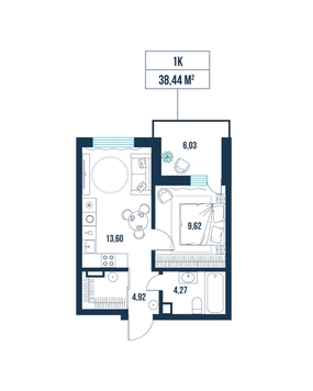 1-комнатная, 38.4 м²