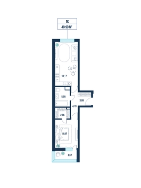 1-комнатная, 48.9 м²