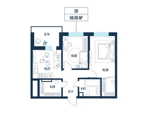 2-комнатная, 58.0 м²