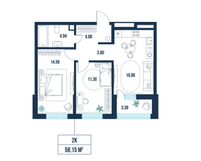 2-комнатная, 58.1 м²