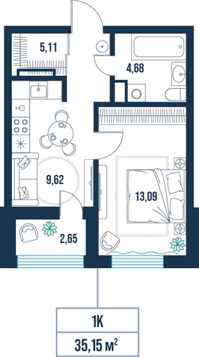 1-комнатная, 35.1 м²