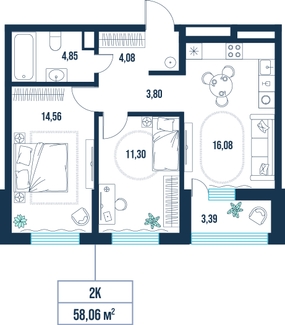 2-комнатная, 58.1 м²